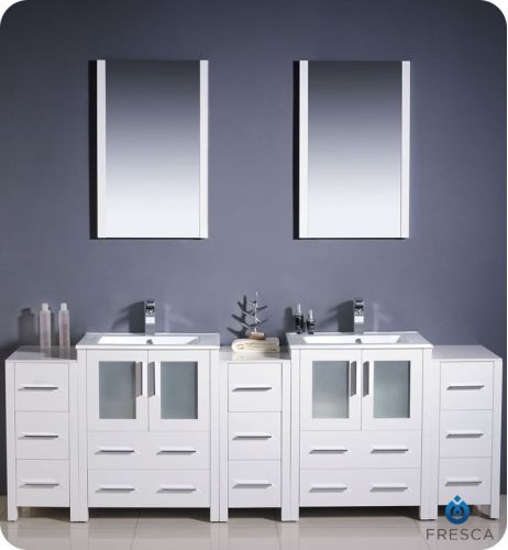Fresca Torino 84-inch White Modern Bathroom Double Vanity with Side Cabinets and Undermount Sinks