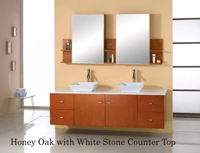 Virtu USA MD-457S-NFB Honey Oak / Stone Top 61 - VESSEL SINK AND FAUCET READY - Wall-Mounted Modern Double Sink Vanity with Top and Mirrors (Faucets and Sinks