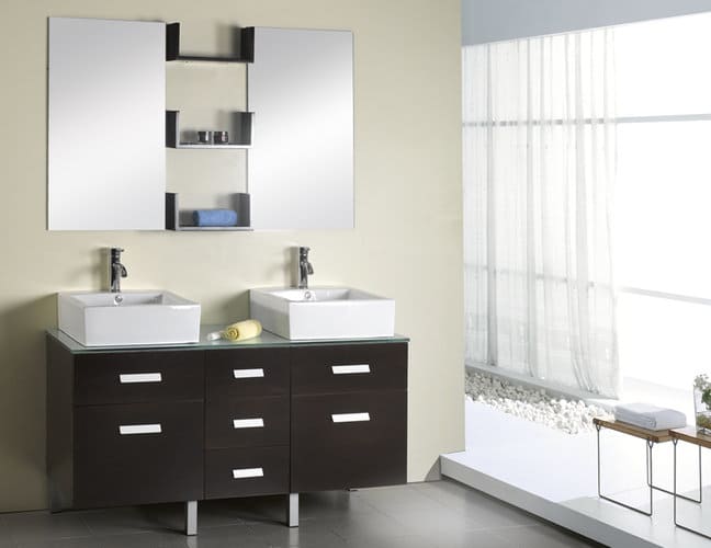 Virtu USA UM-3063E-NFB Espresso / Glass Top 56 - VESSEL SINK AND FAUCET READY - Floor-Standing Modern Double Sink Vanity with Top and Mirrors (Faucets and Sin